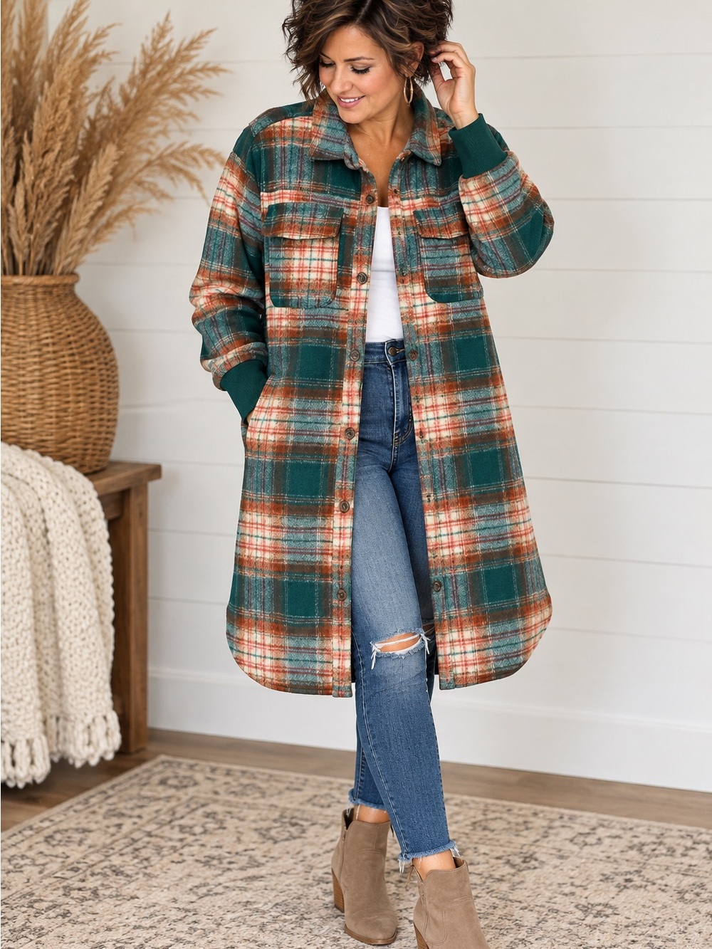 Maurices Medium Oversized Plaid Long Shacket Green Rust Cozy Shirt Jacket